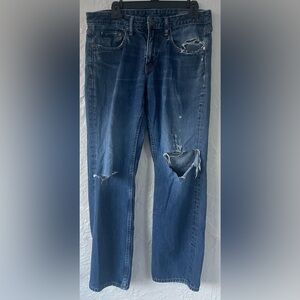 Bonobos mid wash, mid rise straight leg distressed, ripped denim jeans; 33 x 30